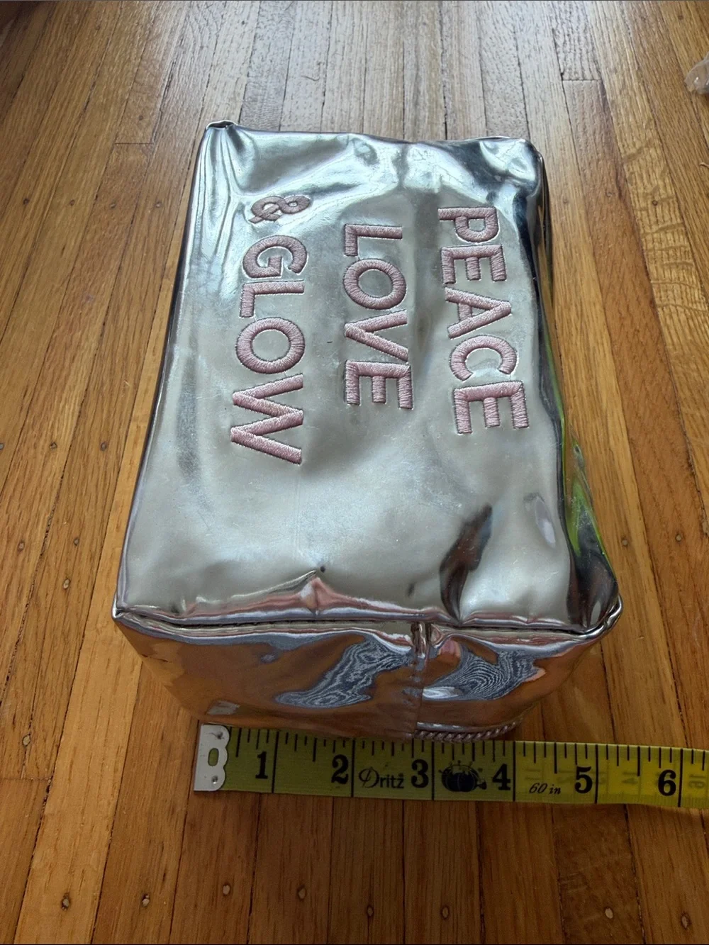 Peace Love & Glow Metallic Cosmetic Bag - Silver with Pink Embroidery